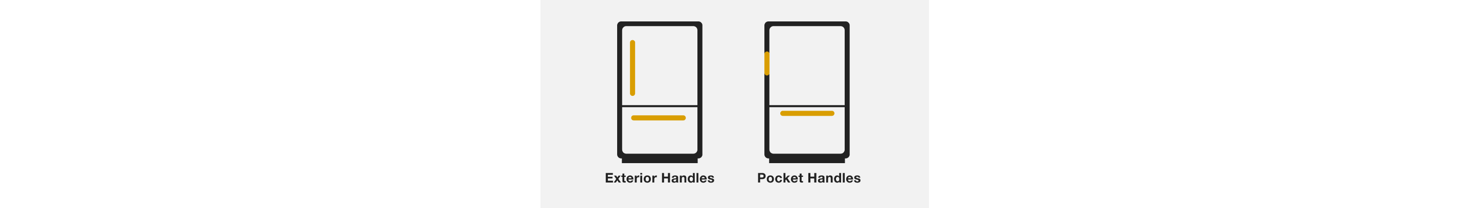Side-by-side line drawings of bottom mount refrigerators with the exterior and pocket handle positions highlighted. 