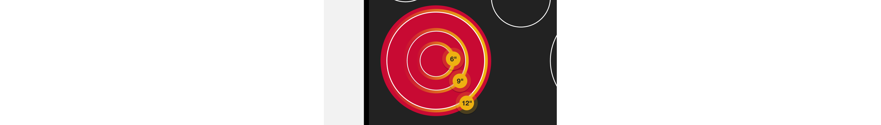 A line drawing of an electric cooktop element, with different rings indicating the three element sizes. 