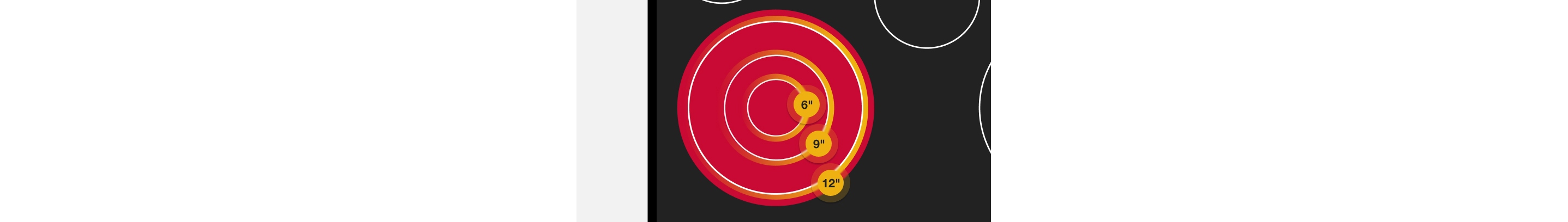 Closeup of a red radiant element on a cooktop with three concentric rings labeled 6", 9" and 12"