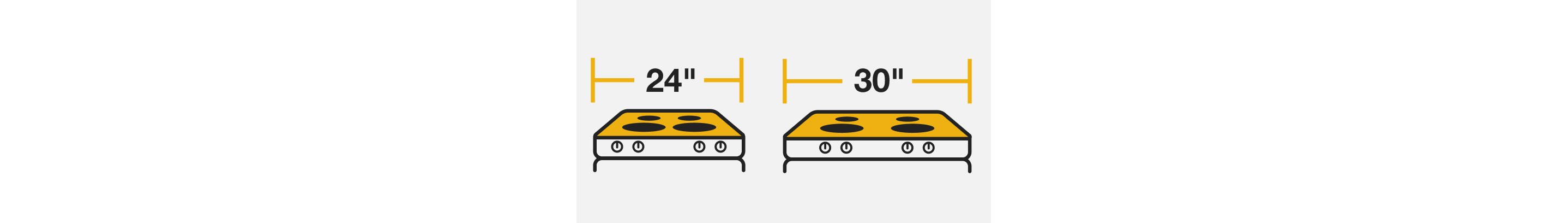 A line drawing of two range cooktops side by side and labeled with 24 and 30 inch width