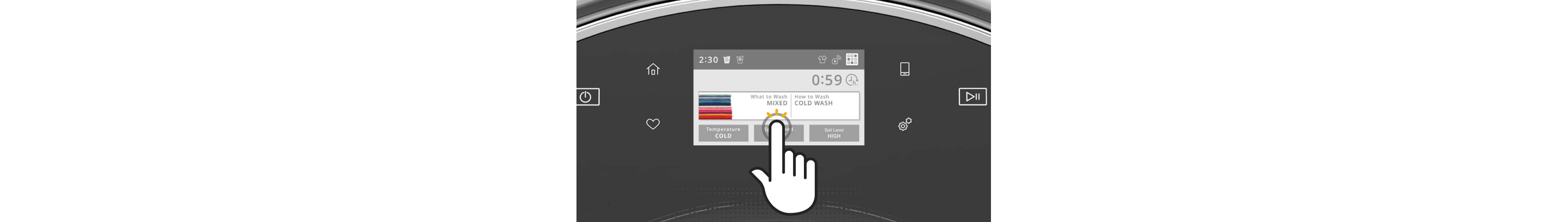 Closeup of the touchscreen on a front load washer with a line drawing of hand selecting an option