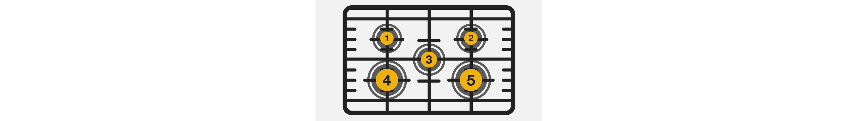 A line drawing of five burners on a gas cooktop. 