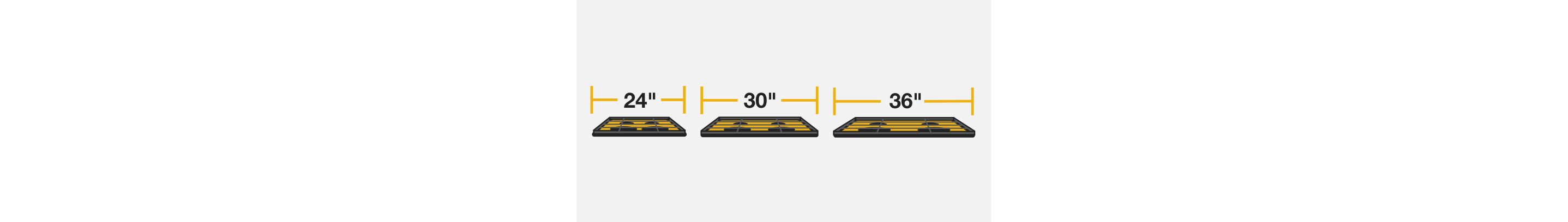 A line drawing of three gas cooktops with sizing indicators showing the different sizes. 
