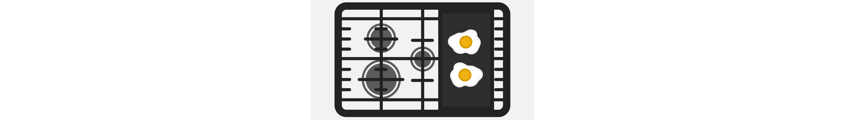 A line drawing of two eggs cooking on the included griddle over two burners on a gas cooktop.