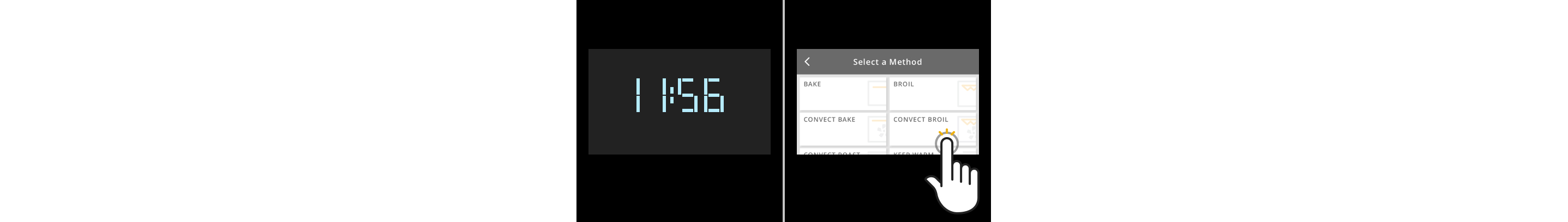 Side-by-side images of digital clock display showing the time of 11:56 in white with a gray background and a touchscreen with a white line drawing of a hand selecting an option