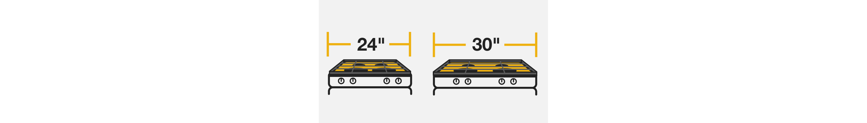 A line drawing of two range cooktops side by side and labeled with 24 and 30 inch width
