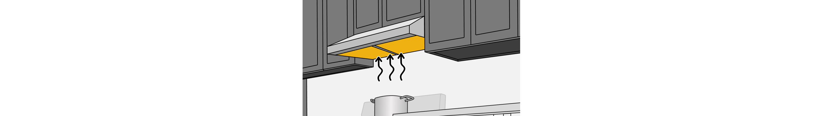 Line drawing of steam lines rising from a pot on a stovetop into an undercabinet vent hood