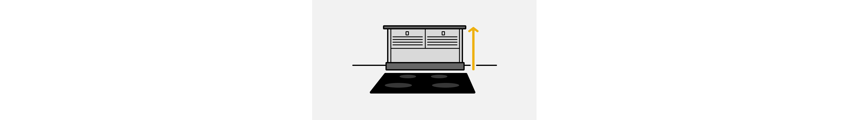 Line drawing showing a downdraft hood next to a built-in cooktop with an arrow showing the pop-up motion