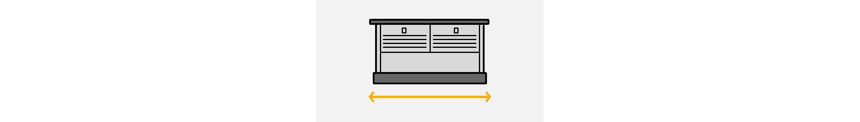 Line drawing of a downdraft hood with a double-sided arrow showing the width
