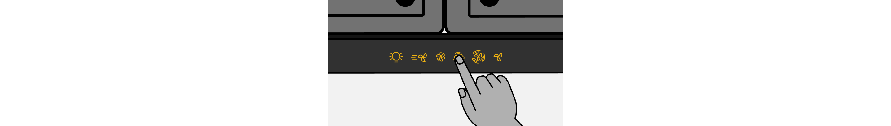 Line drawing of a hand pressing Tap Touch Controls on an undercabinet vent hood