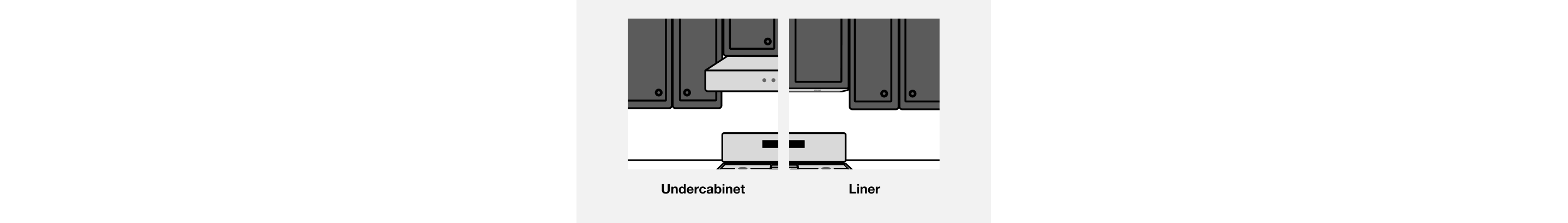 Split screen drawing showing an undercabinet hood and a hood liner in a kitchen