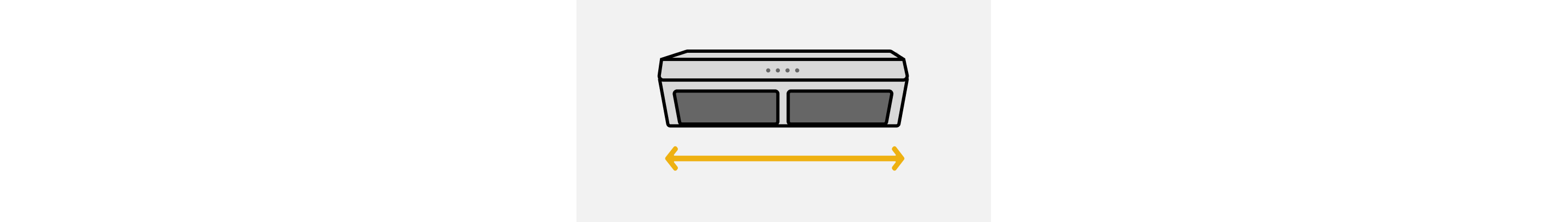 Line drawing of an undercabinet hood with a double-sided arrow showing the width