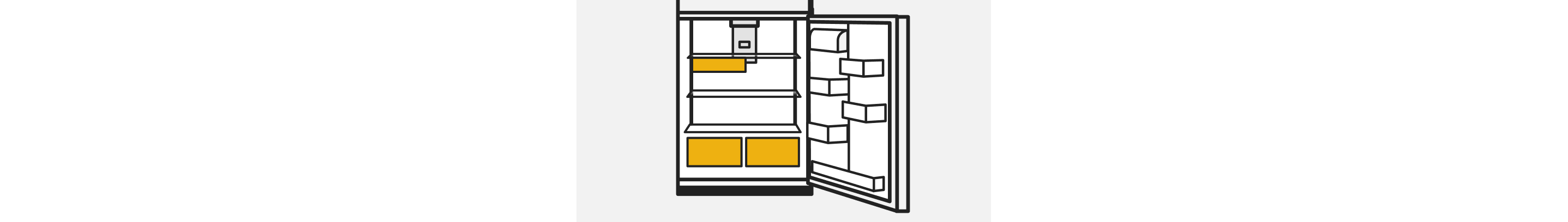 A line drawing of an open top mount refrigerator with the drawers highlighted. 