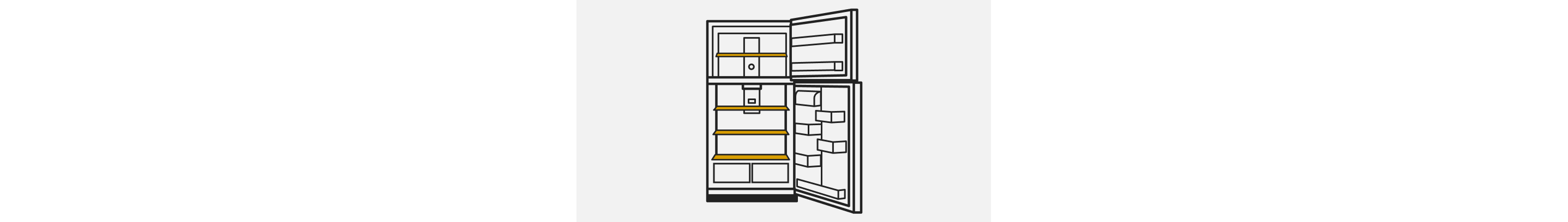 A line drawing of an open top mount refrigerator with the shelves highlighted.