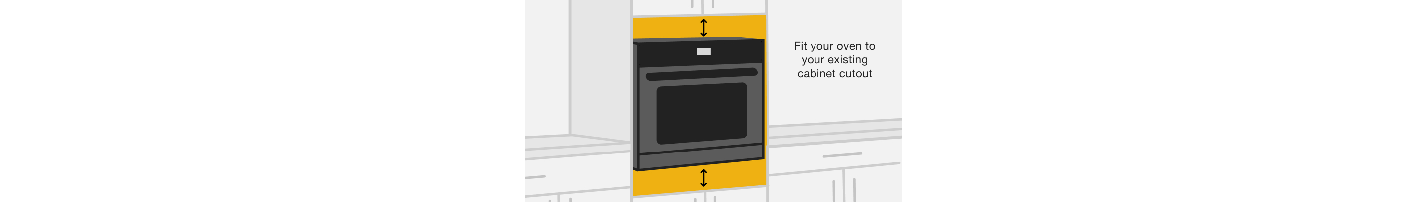A line drawing of three wall ovens installed into cabinets of different sizes and widths. 