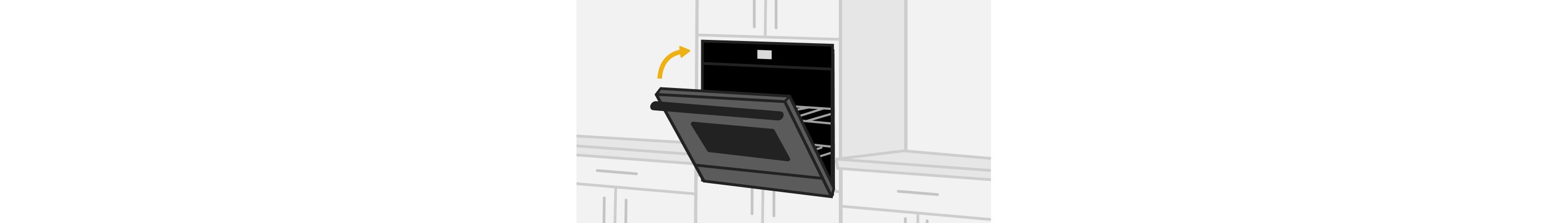 A line drawing of a single wall oven with the door open, and an arrow depicting the self-close door. 