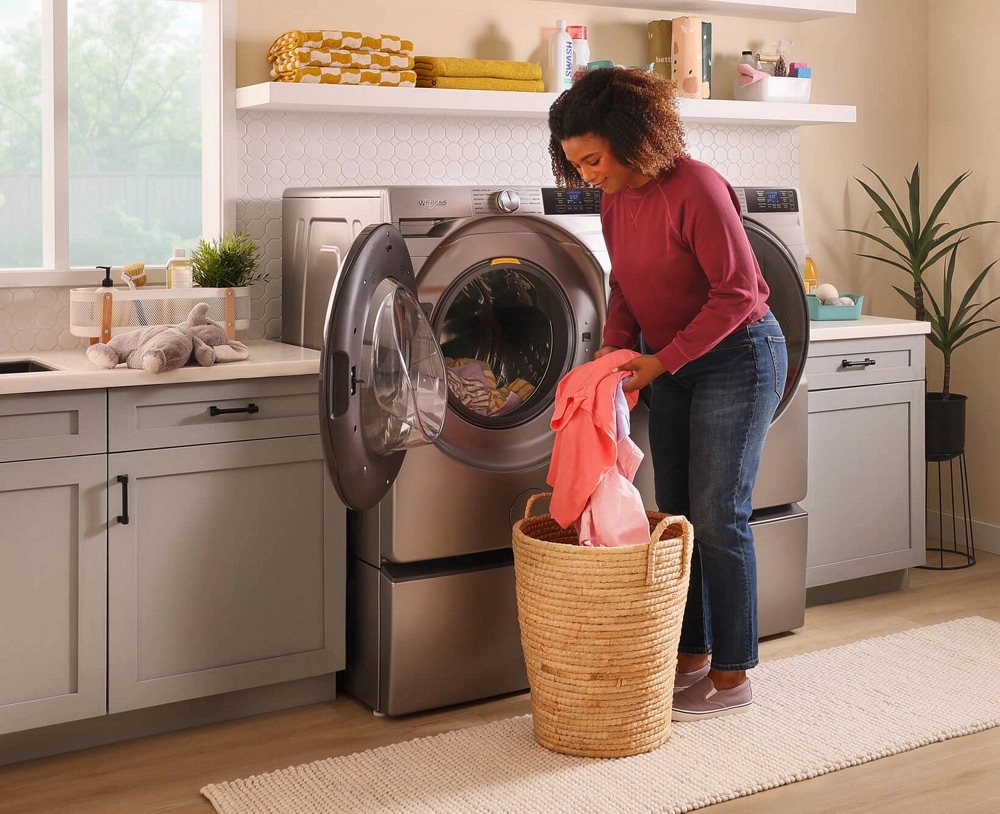 Person taking bright clothing out of their Whirlpool® Front Load Washer