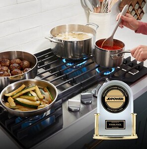 Various foods cooking on a Whirlpool® Cooktop