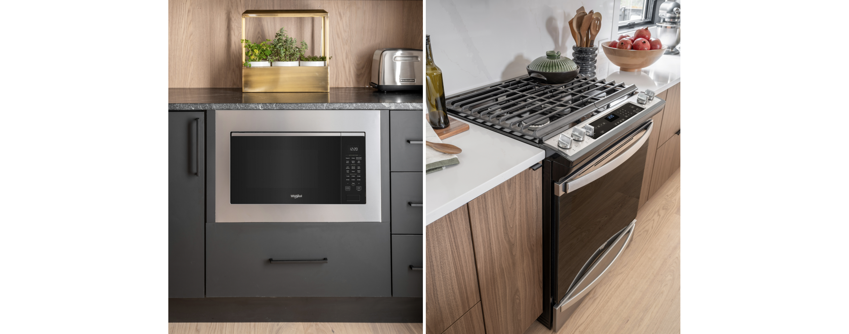 Whirlpool® Smart Slide-In Gas Range and microwave in a modern kitchen