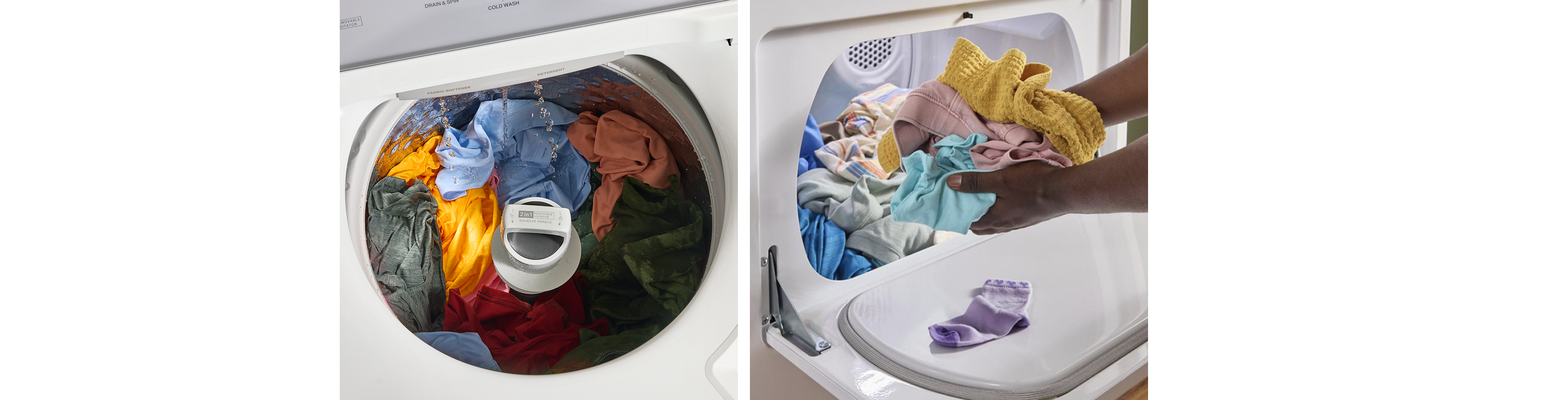 Side-by-side images of a Whirlpool® Washer and a Whirlpool® Dryer in use