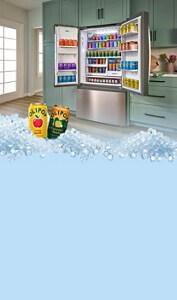 Two cans of OLIPOP in front of an open Whirlpool® Refrigerator filled with OLIPOP cans