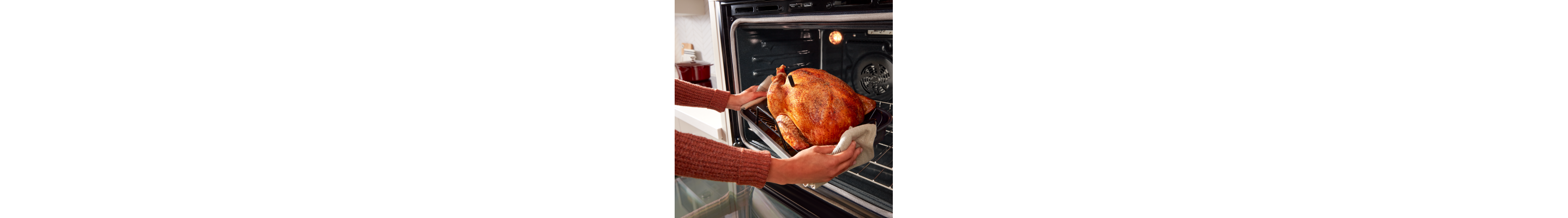 Hands pulling a roasted chicken out of an oven