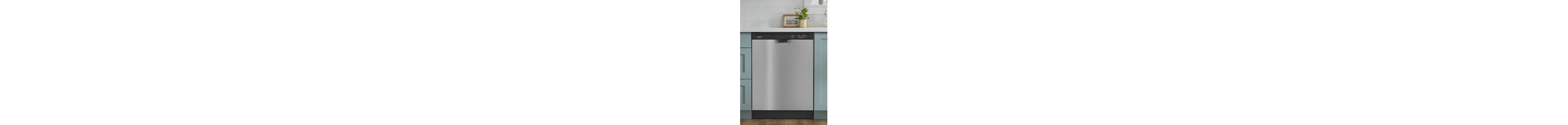 Front control dishwasher built into teal cabinets