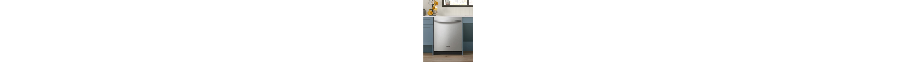 Top control dishwasher built into blue cabinets