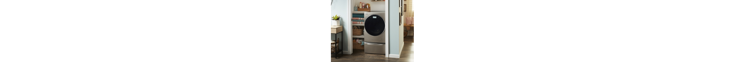 All-in-one washer dryer combo in a small laundry room