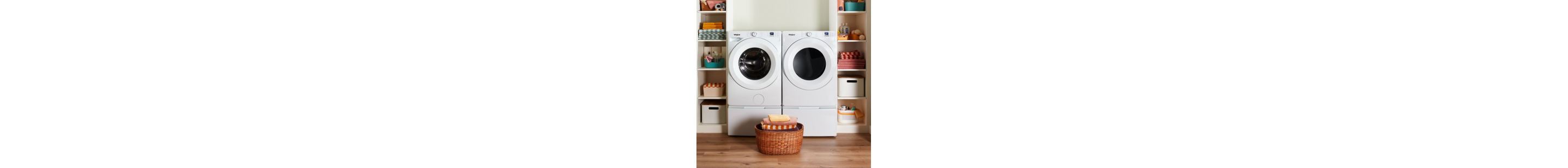 White front load washer and dryer in a modern home