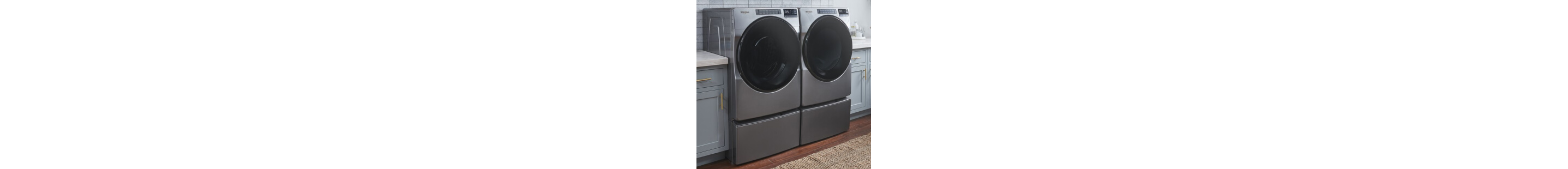 Whirlpool® front load laundry set in a bright laundry room