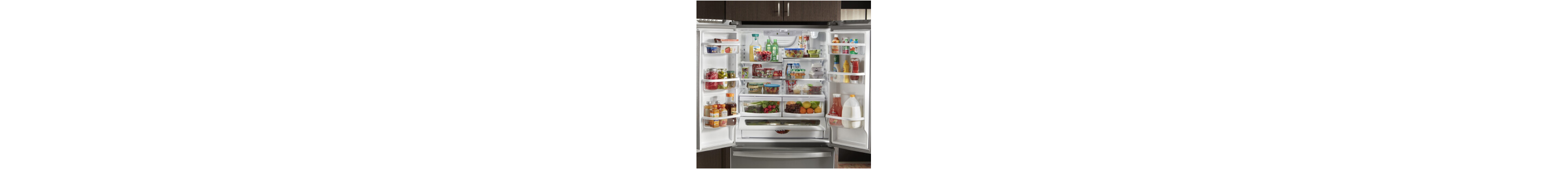 Side-by-side refrigerator doors open with a mix of colorful groceries inside