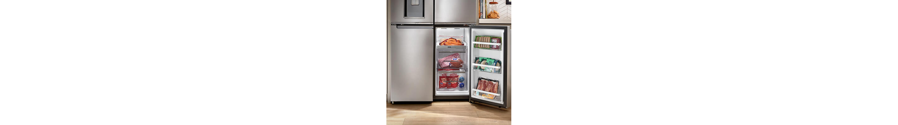 Fully stocked, lower-right freezer compartment of a 4-door refrigerator
