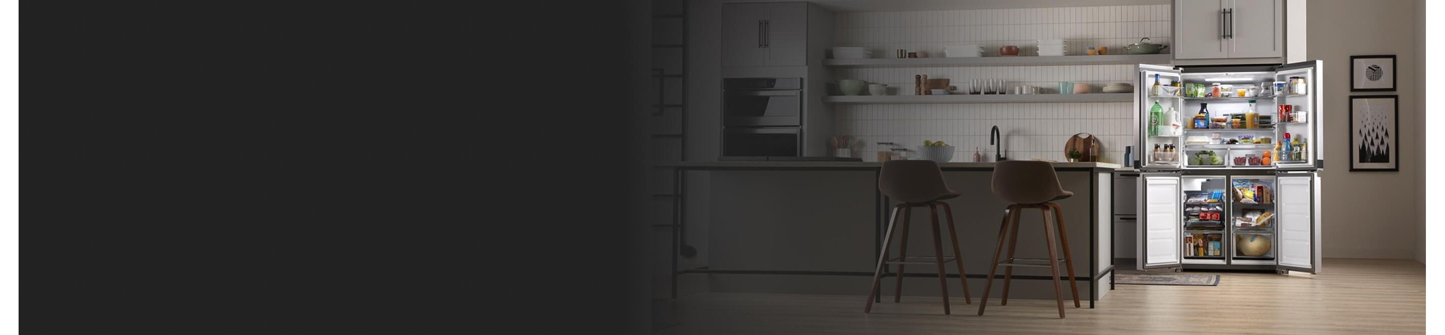 Open Whirlpool® 4-Door Refrigerator stocked with food in open-concept kitchen