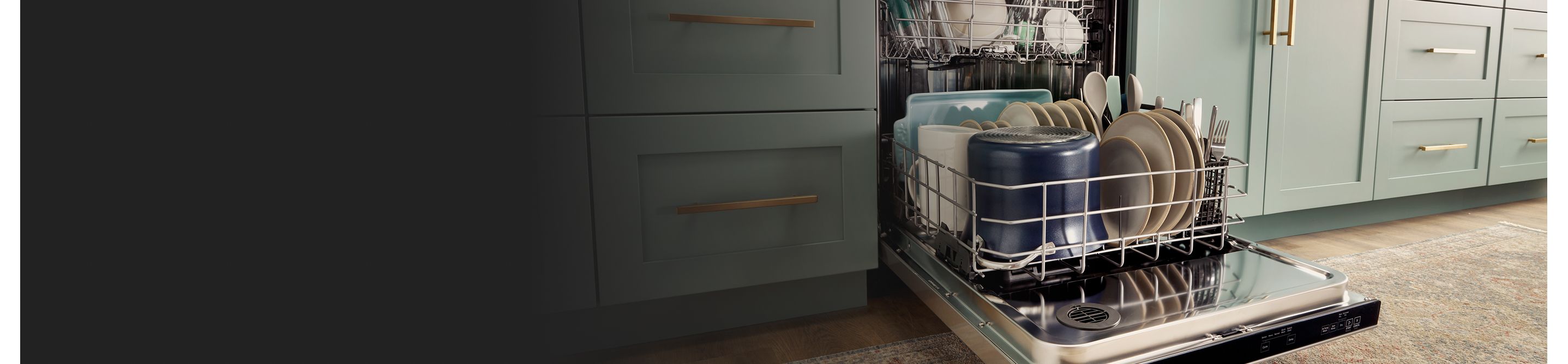 Open dishwasher filled with dishes