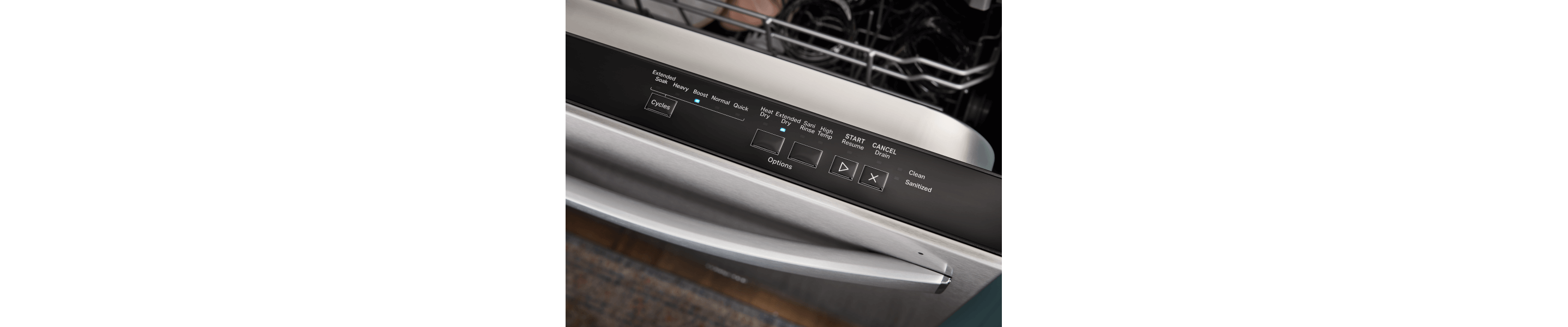 Control panel on a Whirlpool® top control dishwasher