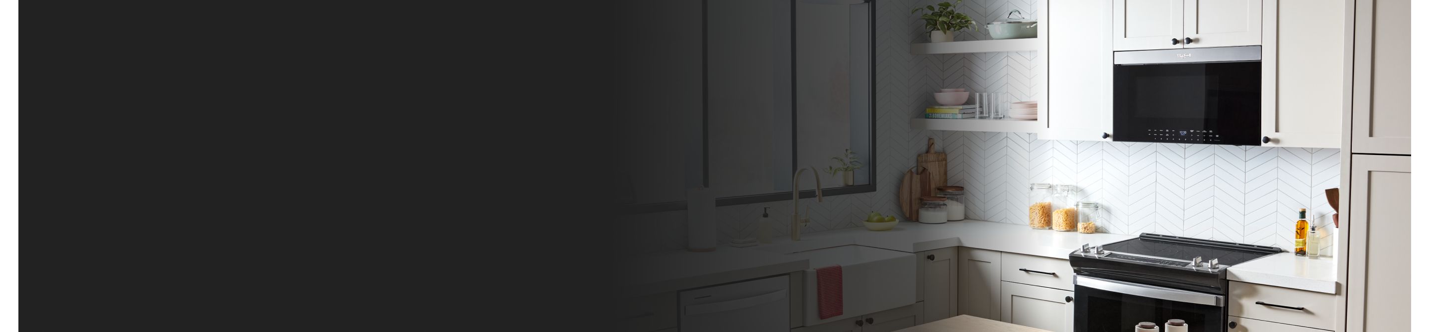 Faded image of kitchen with white kitchen cabinets and backsplash