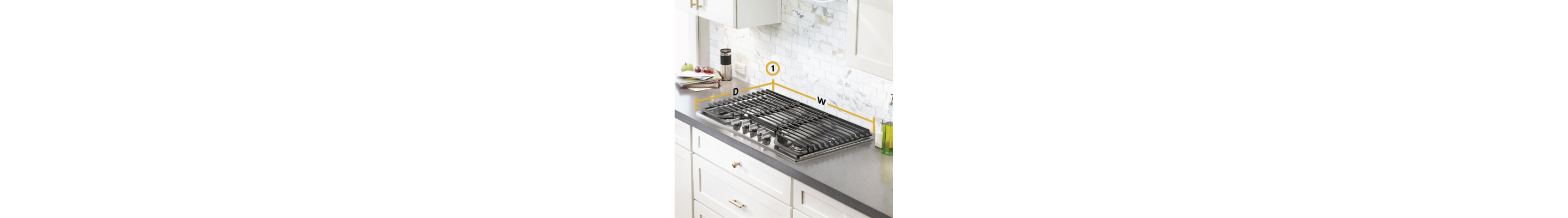 Gas cooktop set into gray countertop with dimensions for depth and width noted