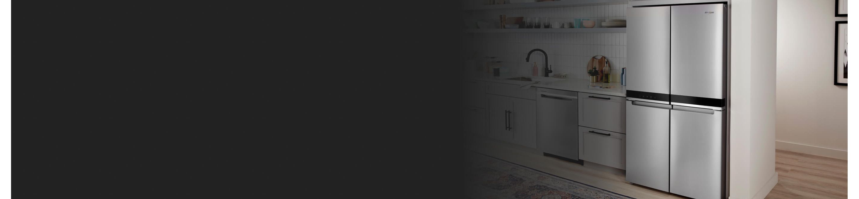 A kitchen with a Whirlpool® 4 Door Refrigerator in stainless steel