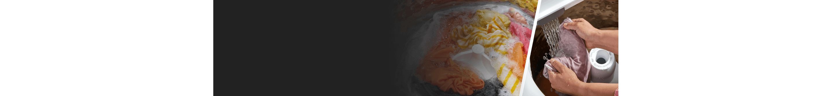 Split image with one side showing clothes in a washer and the other showing someone rinsing items