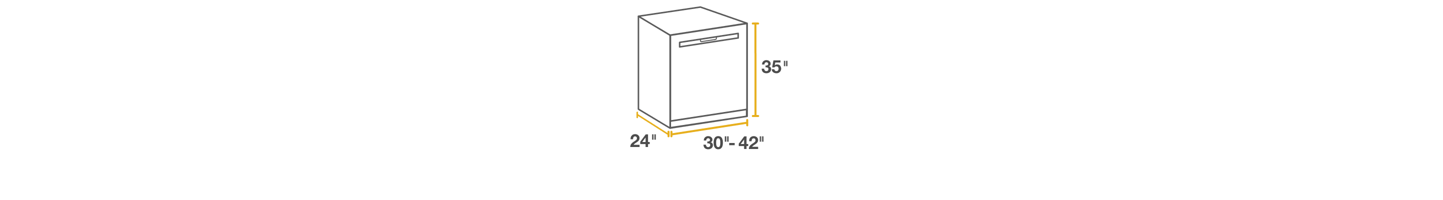 Line drawing of oversized built-in dishwasher surrounded by height, width and depth measurements. 