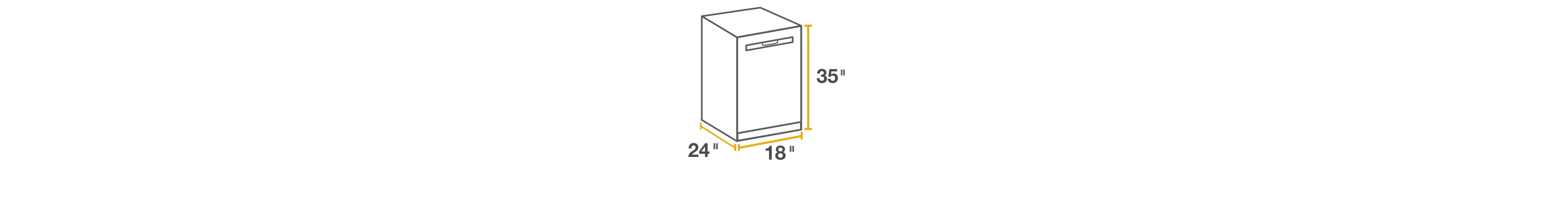 Line drawing of compact built-in dishwasher surrounded by height, width and depth measurements. 