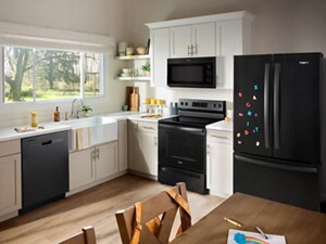 A bright kitchen with a set of dark appliances