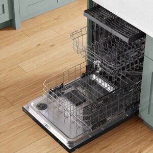 An open empty dishwasher located in a kitchen island