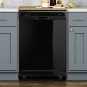 A black portable dishwasher in a kitchen with grey cabinets and white countertops