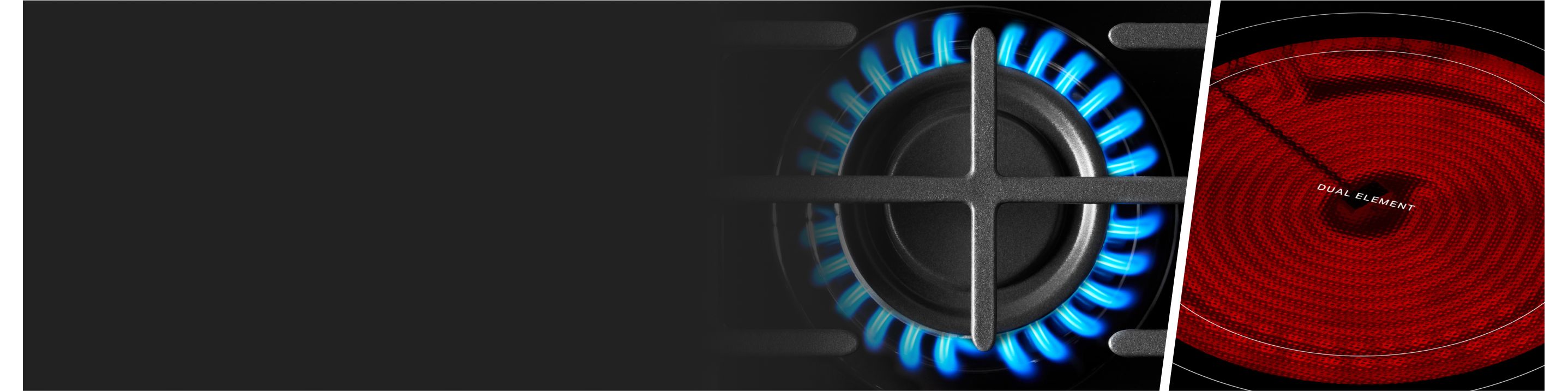 Side-by-side image of gas and electric stove heating elements