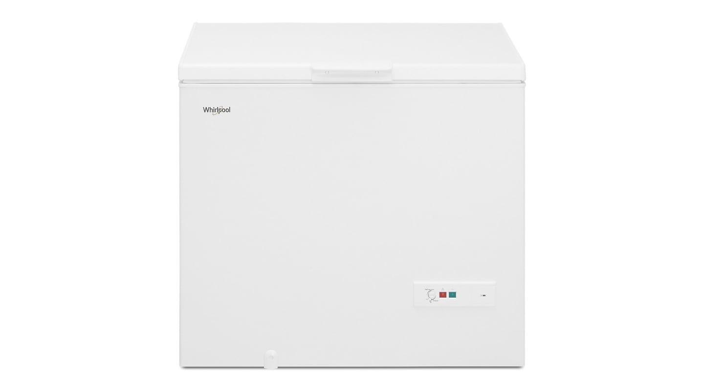 A white chest freezer against a white background