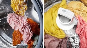 Split image of colorful clothing tumbling in a front load vs. a top load washer