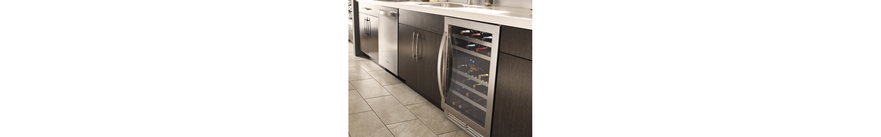 Wine refrigerator in between kitchen cabinets