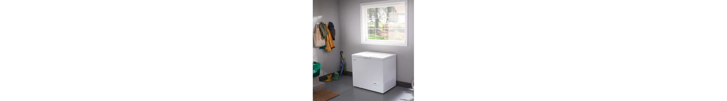 Garage-ready chest freezer below a window